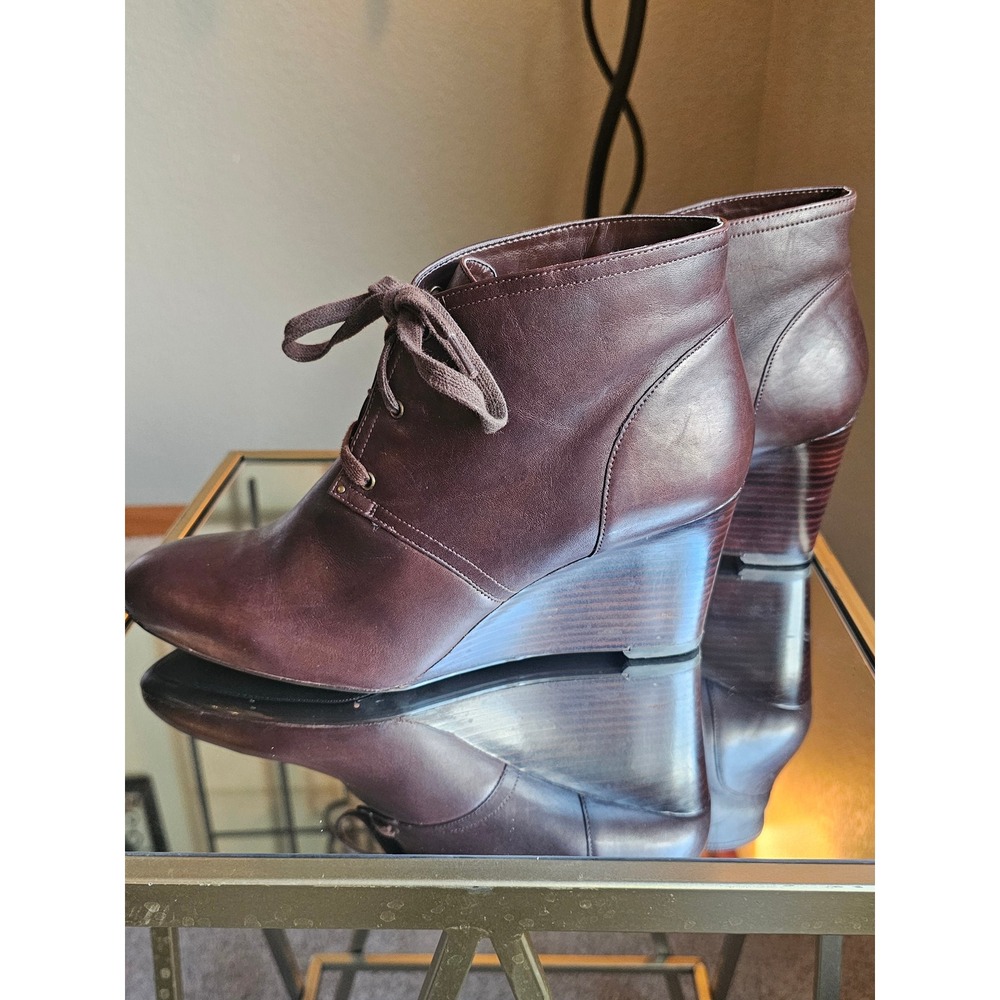 Lauren Ralph Lauren Tamia Wedge Bootie Women 8.5B Brown Leather Lace Up Ankle